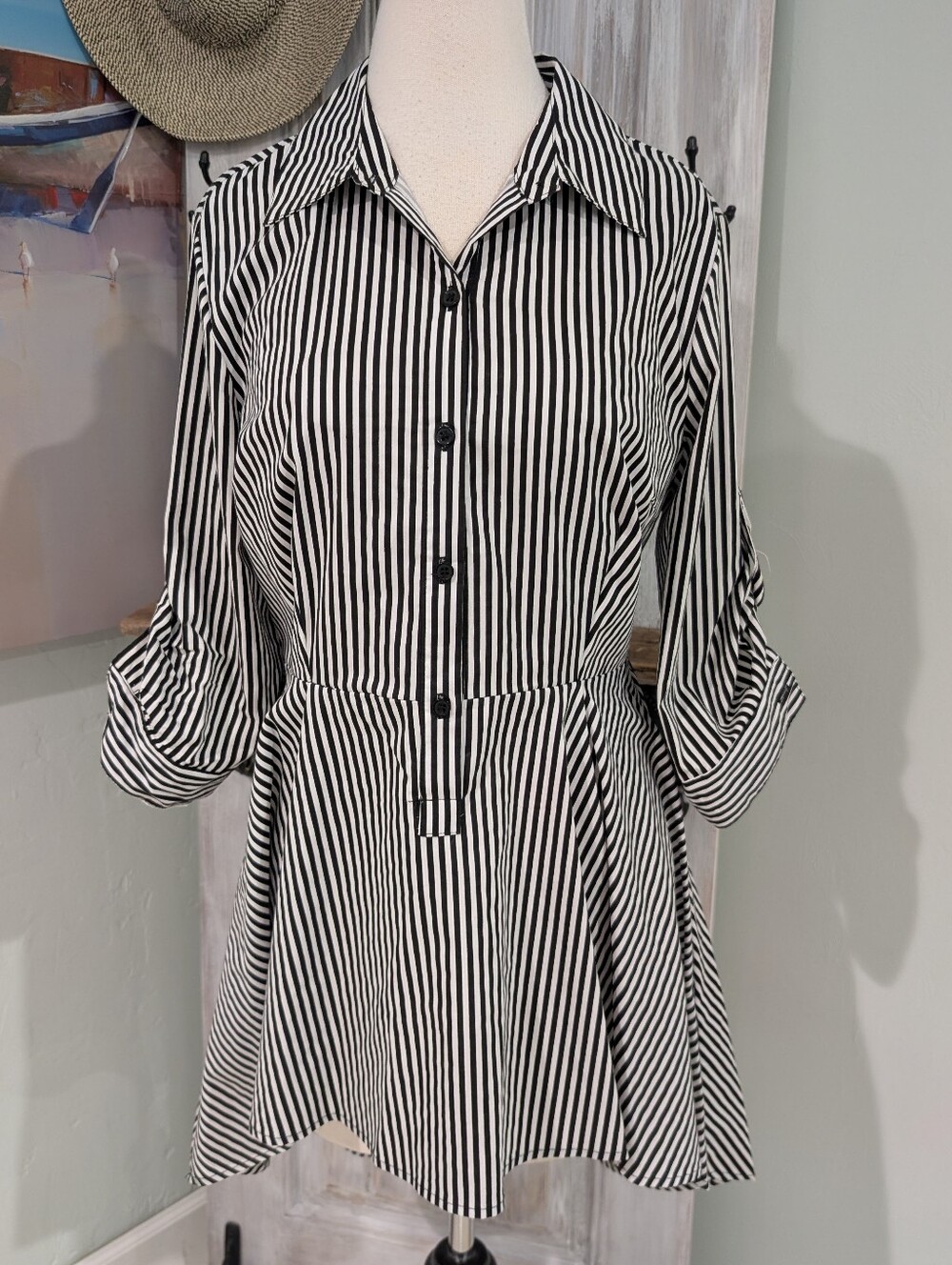 NWT New York & Co. Striped Black & White Button-Front Peplum Top